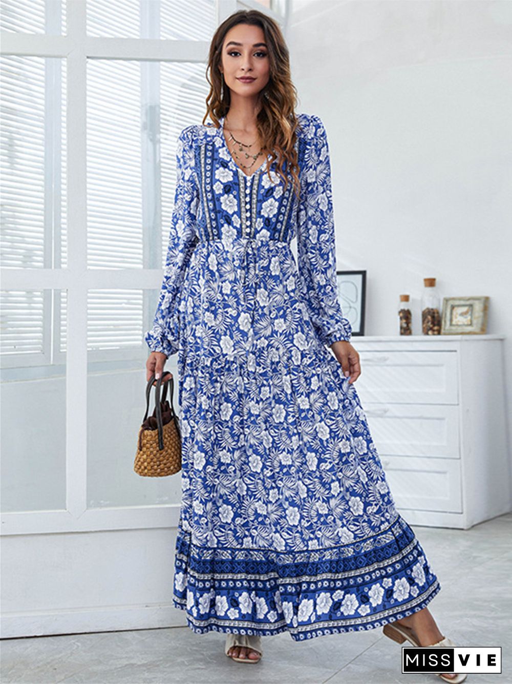 V-neck Fashion Printed High Waist Long Skirt Dress