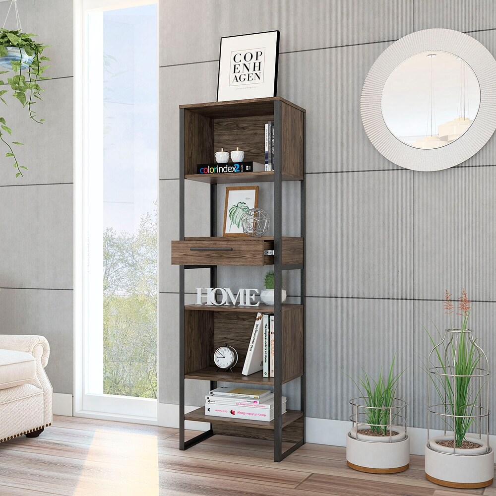 Open Shelves 5 Tier Tall Industrial Bookcase Wood Standing Book Shelf with 1 Drawer  Storage Shelves for Living Room Office