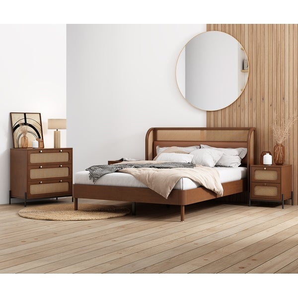 4 Pieces Modern Rattan Wood Bedroom Sets， Platform Queen Bed+Nightstand*2+Chest， Retro Bedroom Set - - 38086904