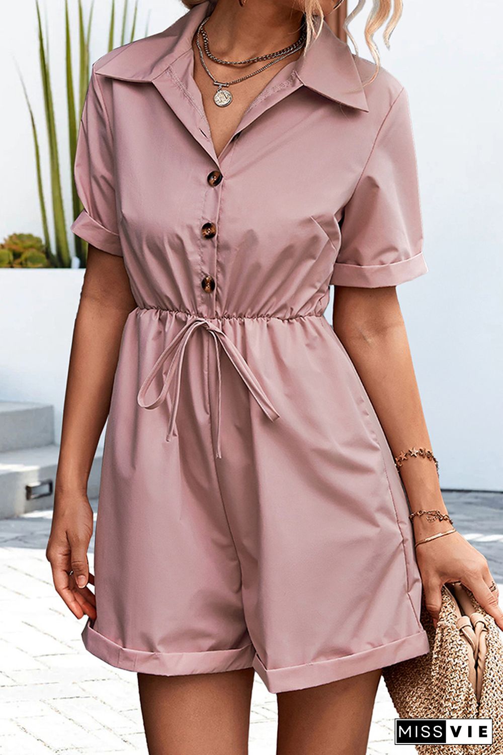 Turndown Collar Button Up One Piece Romper