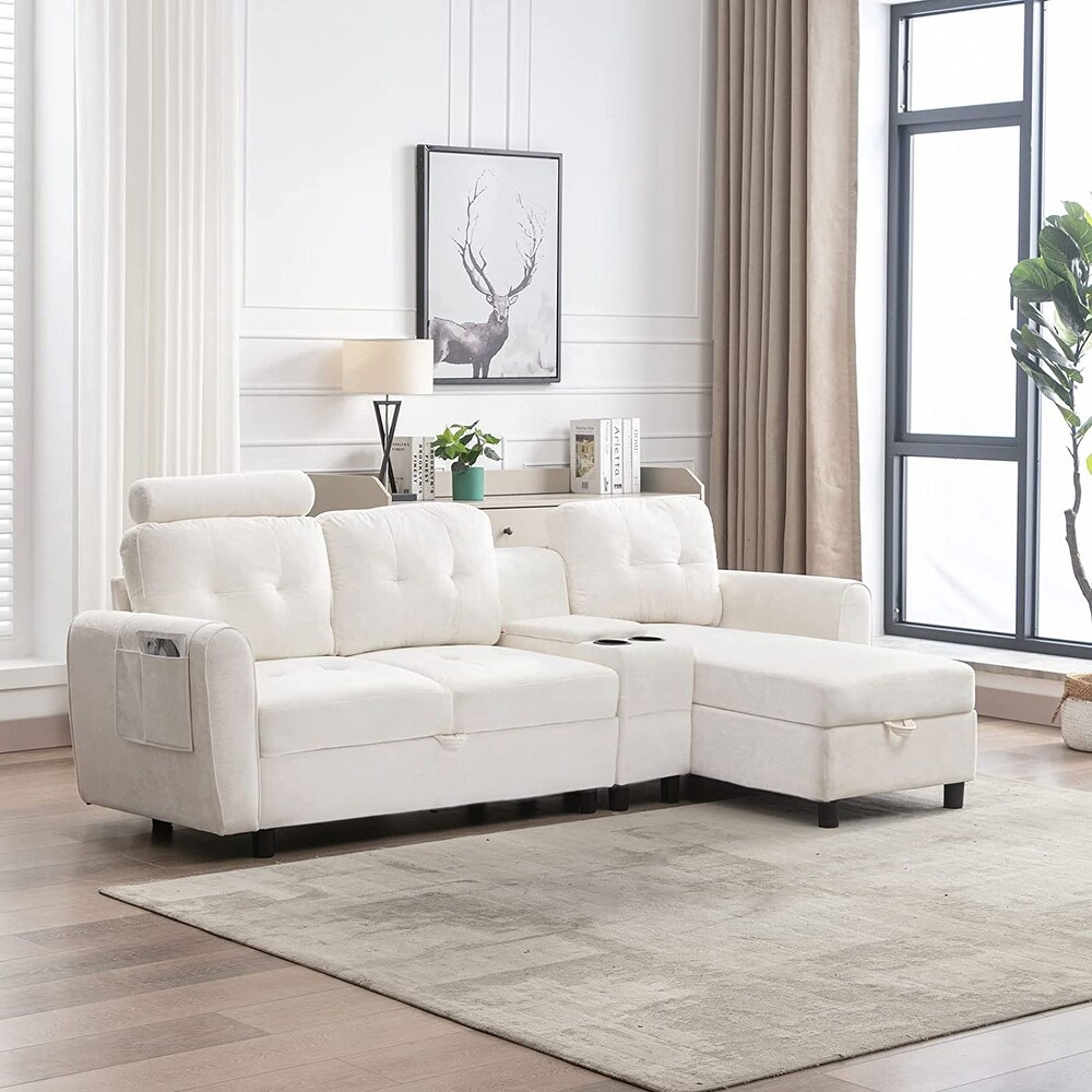 Cozy L Shaped Sectional Sofa with Storage and Cup Holders White