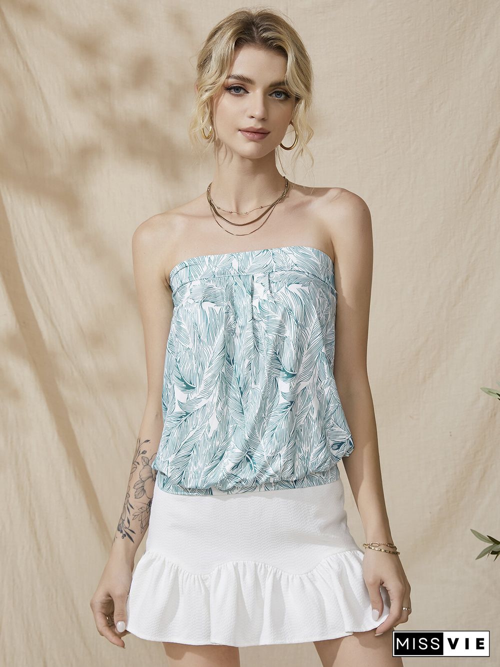 Leave Floral Printed Sleeveless Strapless Pleated Tank Top