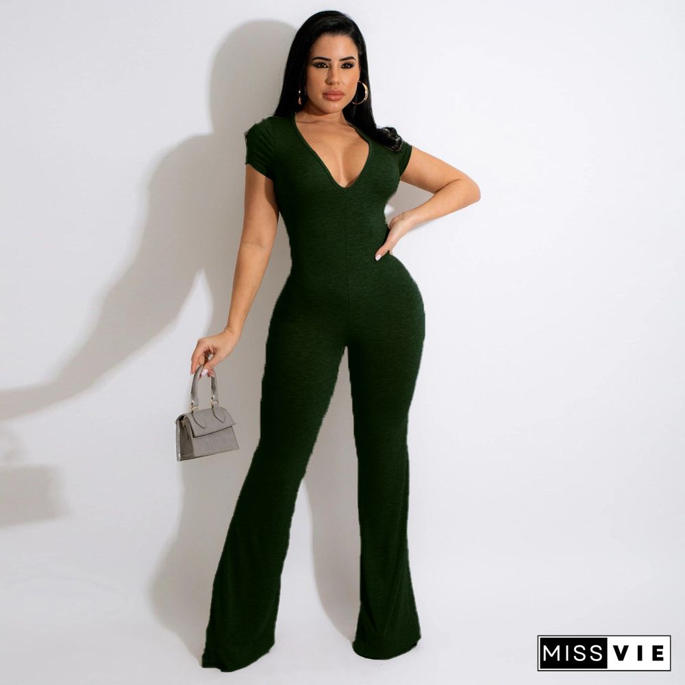 Short Sleeve V-neck Solid Flare Jumpsuit