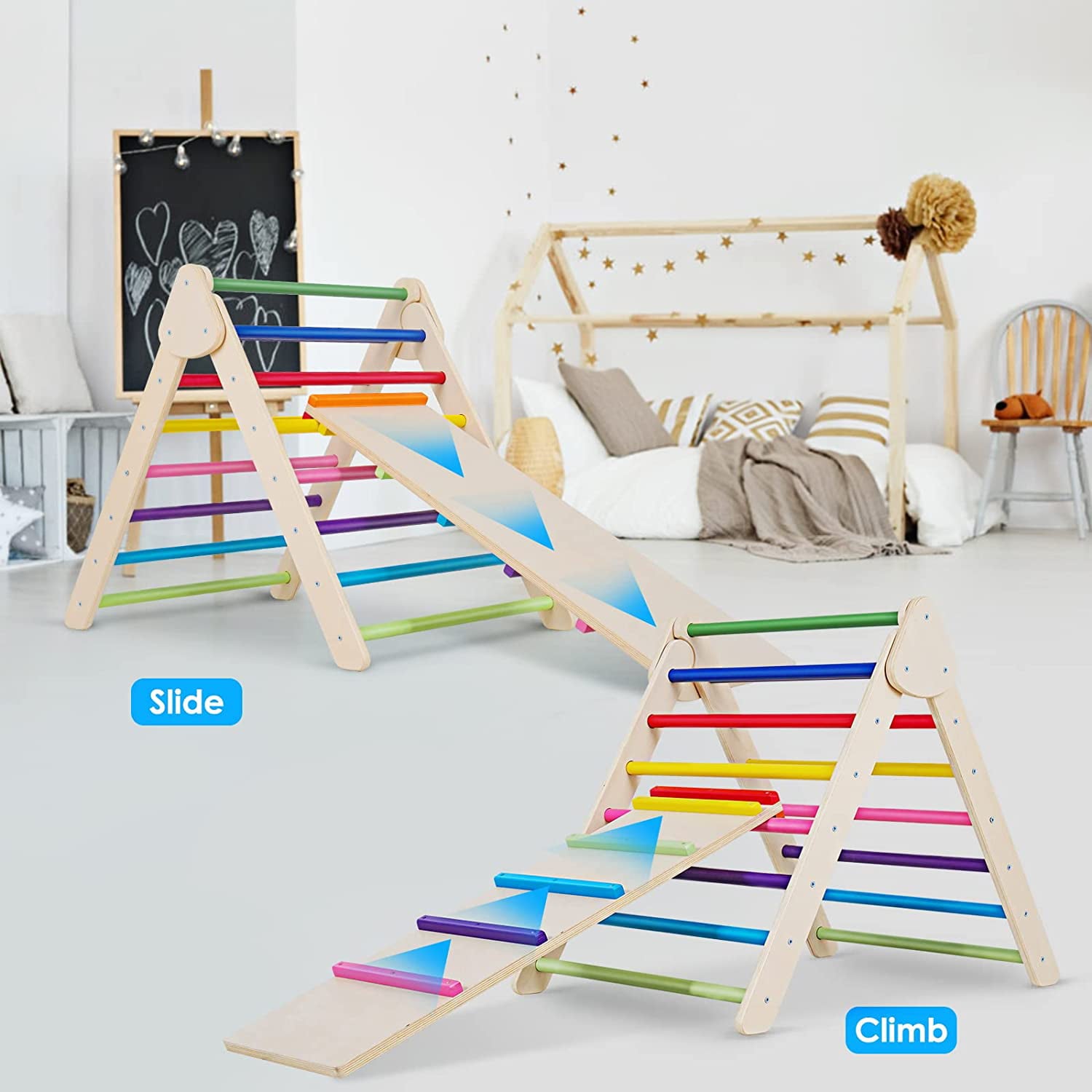 Montessori Climber with Ramp，Indoor Montessori Climbing Toys for Kids， Climbing Triangle Pickler Wood Ramp for Toddlers， Foldable Toddler Pikler Gym(Middle) (Iridescence)…