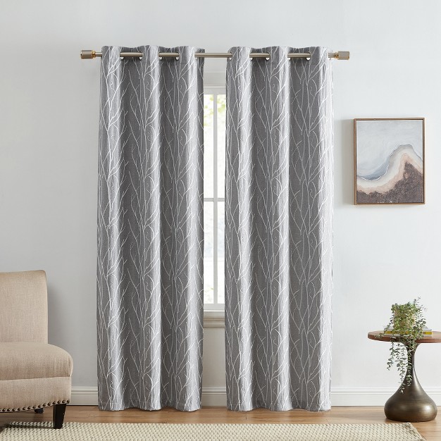 Sterling Branch Motif Embroidered Blackout Window Curtain Panel Set Of 2 Elrene Home Fashions