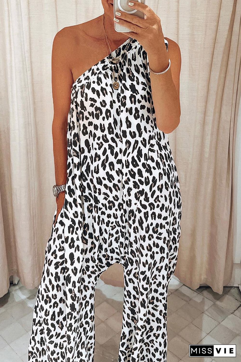 Leopard Print Slant One Shoulder Loose Jumpsuit