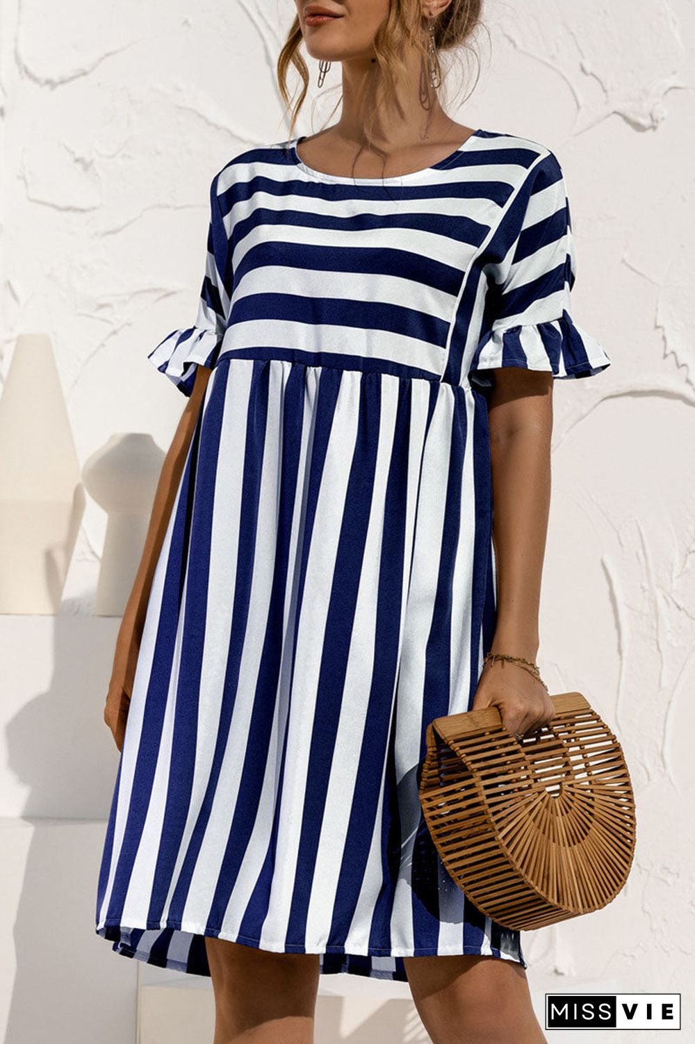 Fashion Casual Striped Split Joint O Neck A Line Dresses