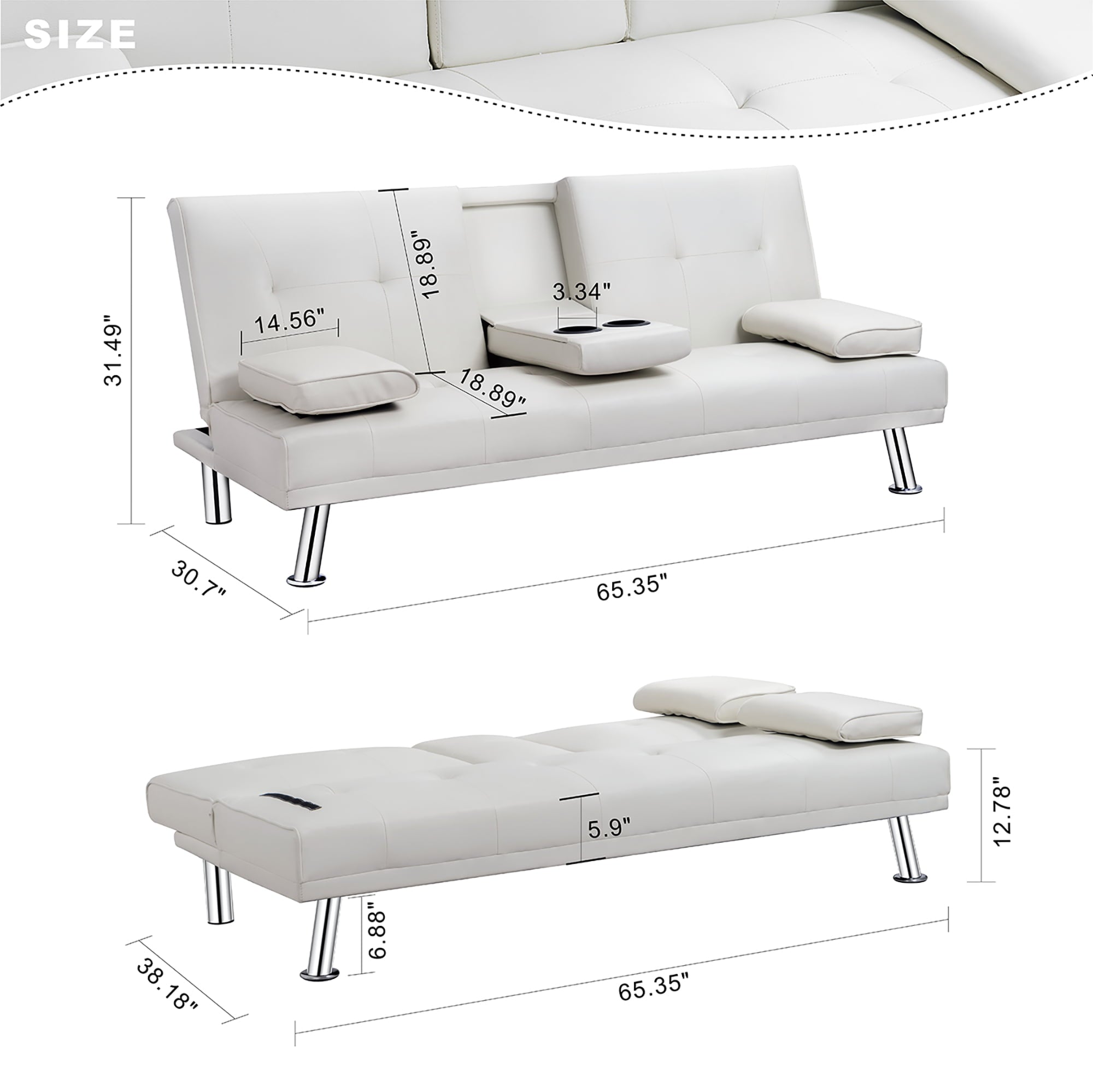 Hapnomic Modern White Faux Leather Couch, Convertible Sofa Bed