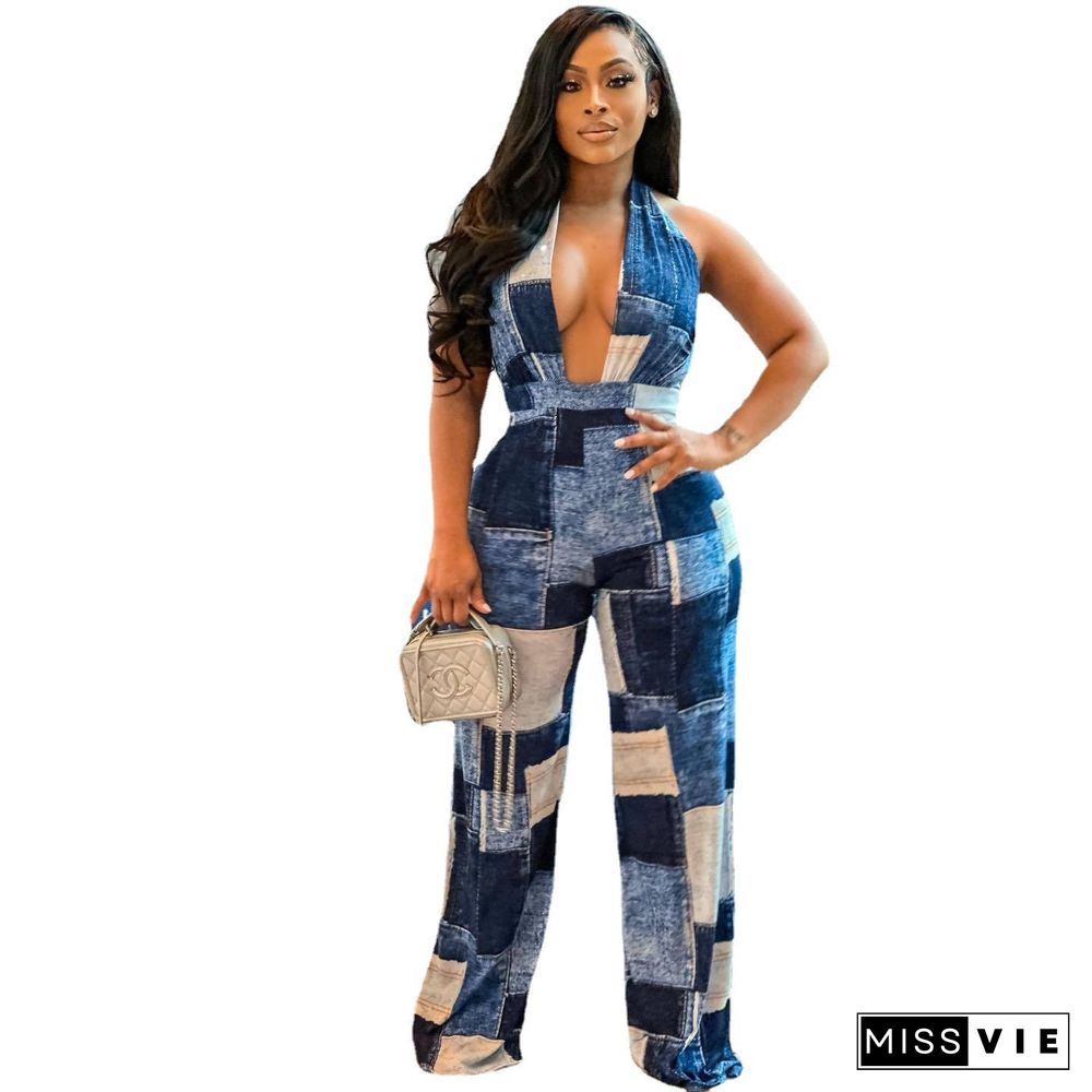 Plaid Patchwork Print Deep V Backless Wide leg Jumpsuit