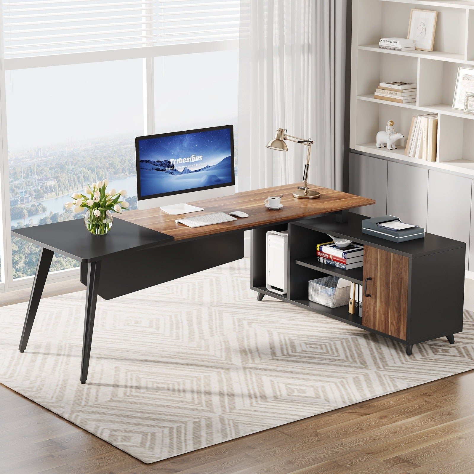 Industrial L-Shaped Desk, 78.74 Inch Executive Office Desk with File Cabinet