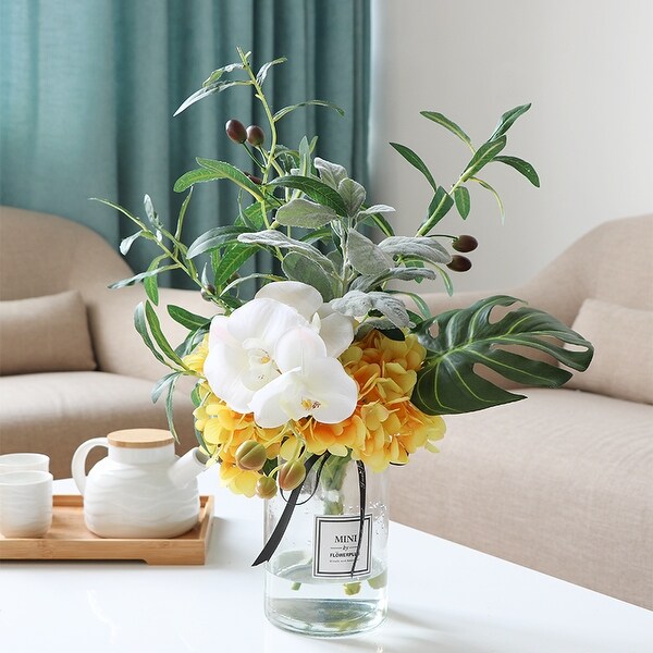 FloralGoods Yellow Hydrangea White Orchid and Greenery in Vase 16 Tall