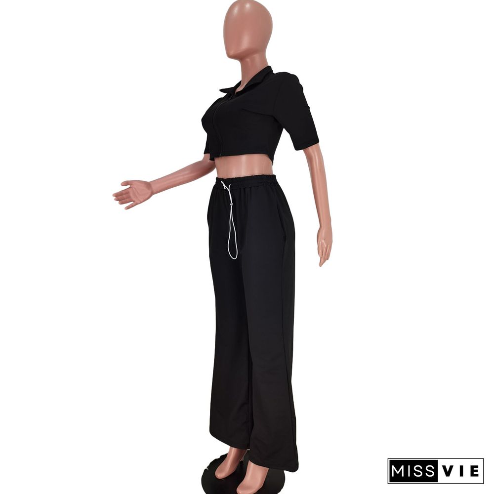 Zipper Short Sleeve Crop Top Wide Leg Pant Set