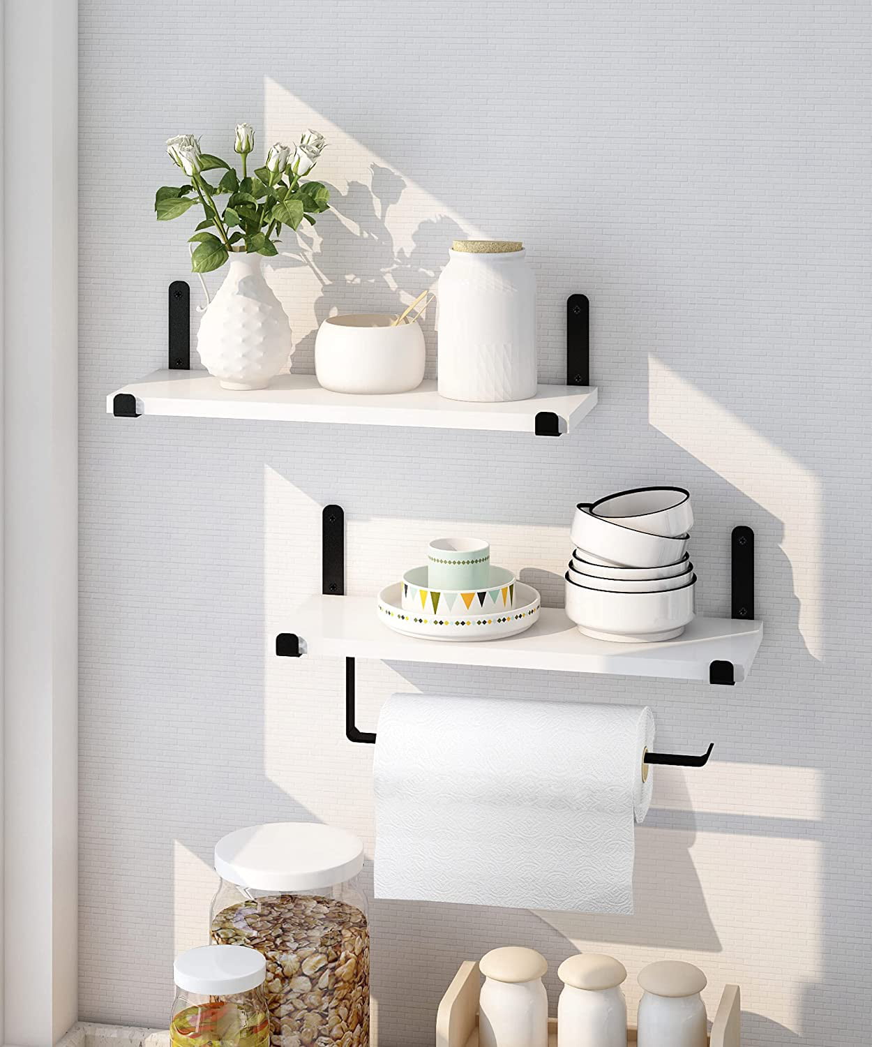 Afuly White Floating Shelves with Towel Bar, Modern Wall Mounted Shelf for Bathroom Set of 2