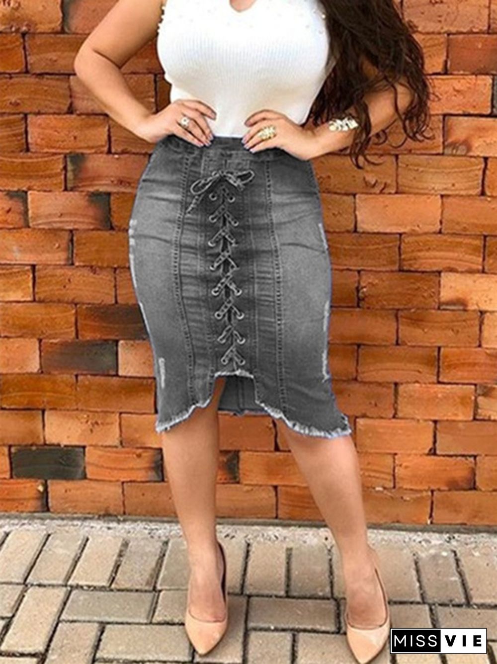 Summer Jeans Denim Pants New Women Fashion Lace Cross High Wasit Skirts Summer Denim Bow Tie Slim Fit Hole Ripper Skirts Jeans Plus Size S-5Xl