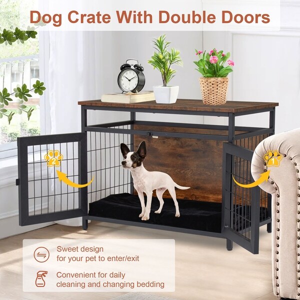 Dog Crate Furniture with Double Doors， Wooden Dog Crate， Indoor Dog Kennel w/ Metal Wire Mesh， Pet Crate End Table