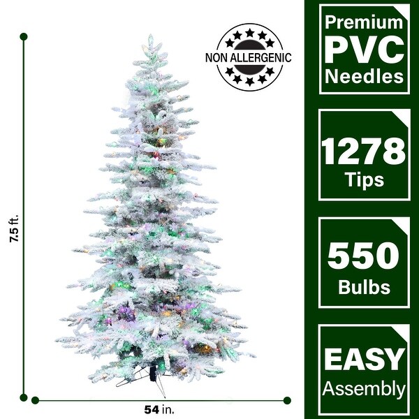 Fraser Hill Farm 7.5Ft. Flocked Pine Valley Christmas Tree with MultiColor LED String Lighting