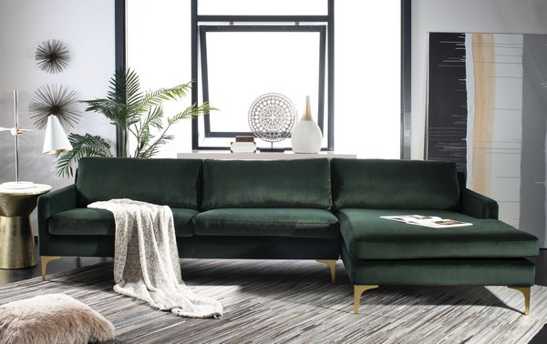 Safavieh Couture Brayson Chaise Sectional Sofa Hunter Green   Midcentury   Sectional Sofas   by Safavieh  Houzz