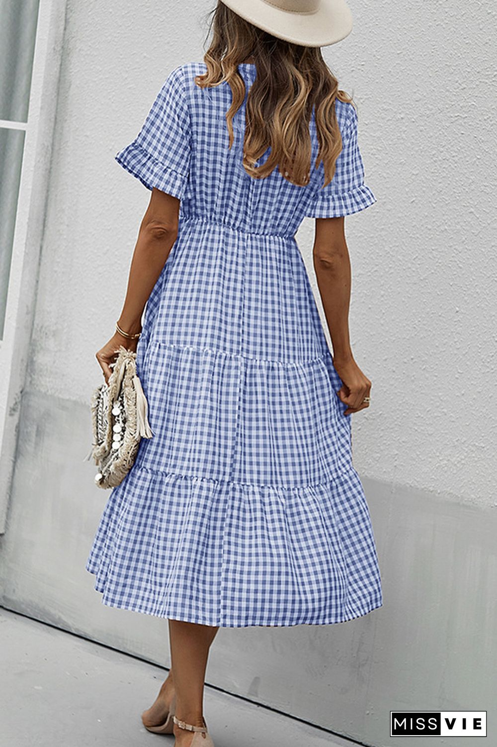 Plaid V-neck Short Sleeve Long Dress Wholesale