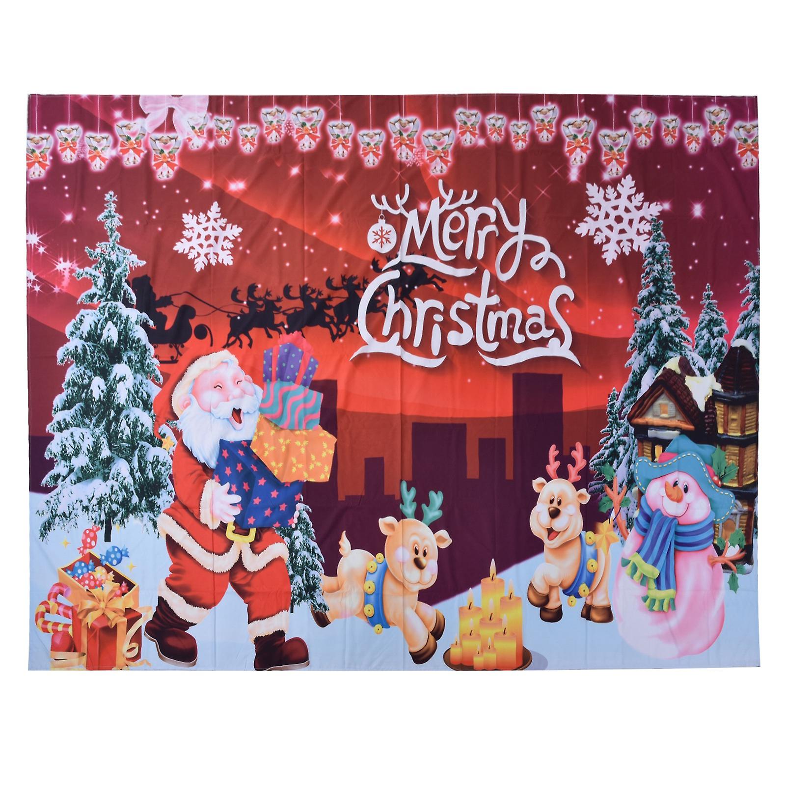 Polyester Fiber Tapestry Cartoon Happy Christmas Elk Pattern Wall Hanging Carpet Photography Background150x150cm / 59.1x59.1in