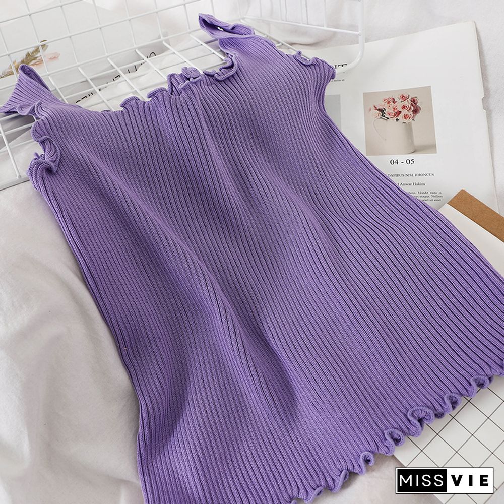 Pearl Diary 7 Colors Rib Knit Tank Tops Lettuce Edge Sexy Sleeveless Tops Summer Candy Color Sweet Tops For Women Beach Hot Top