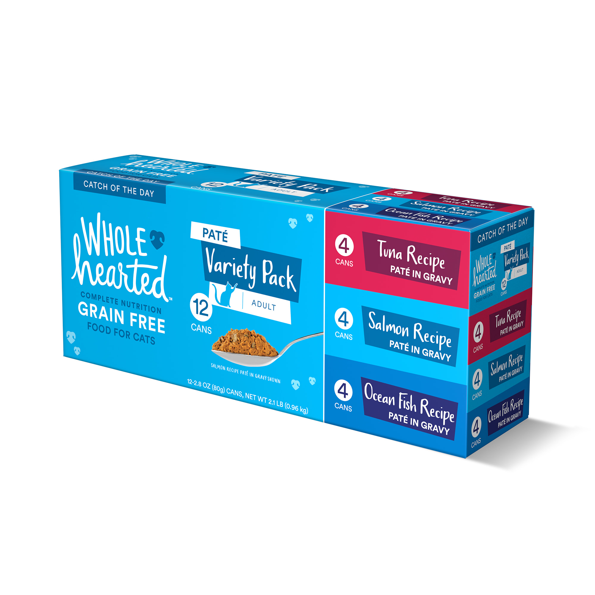 WholeHearted Grain Free Pate Catch of the Day Wet Cat Food Variety Pack for All Life Stages， 2.8 oz.