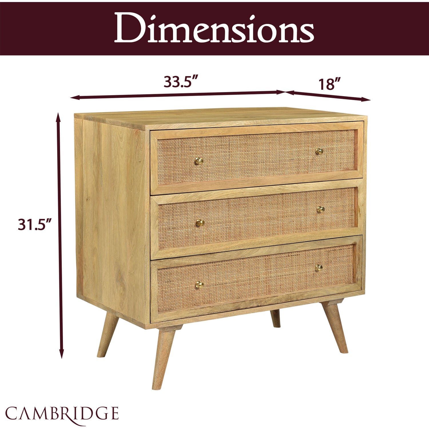 Cambridge Parkview 3-Drawer Mango Wood Chest in Natural, 33.5-In. W x 18-In. D x 31.5-In. H