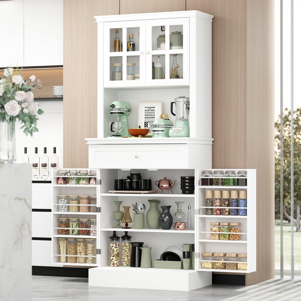 Kitchen Pantry Hutch Cabinet  Storage Cupboard with Doors  Shelves   Seasoning Rack  Freestanding Utility Storage Cabinet