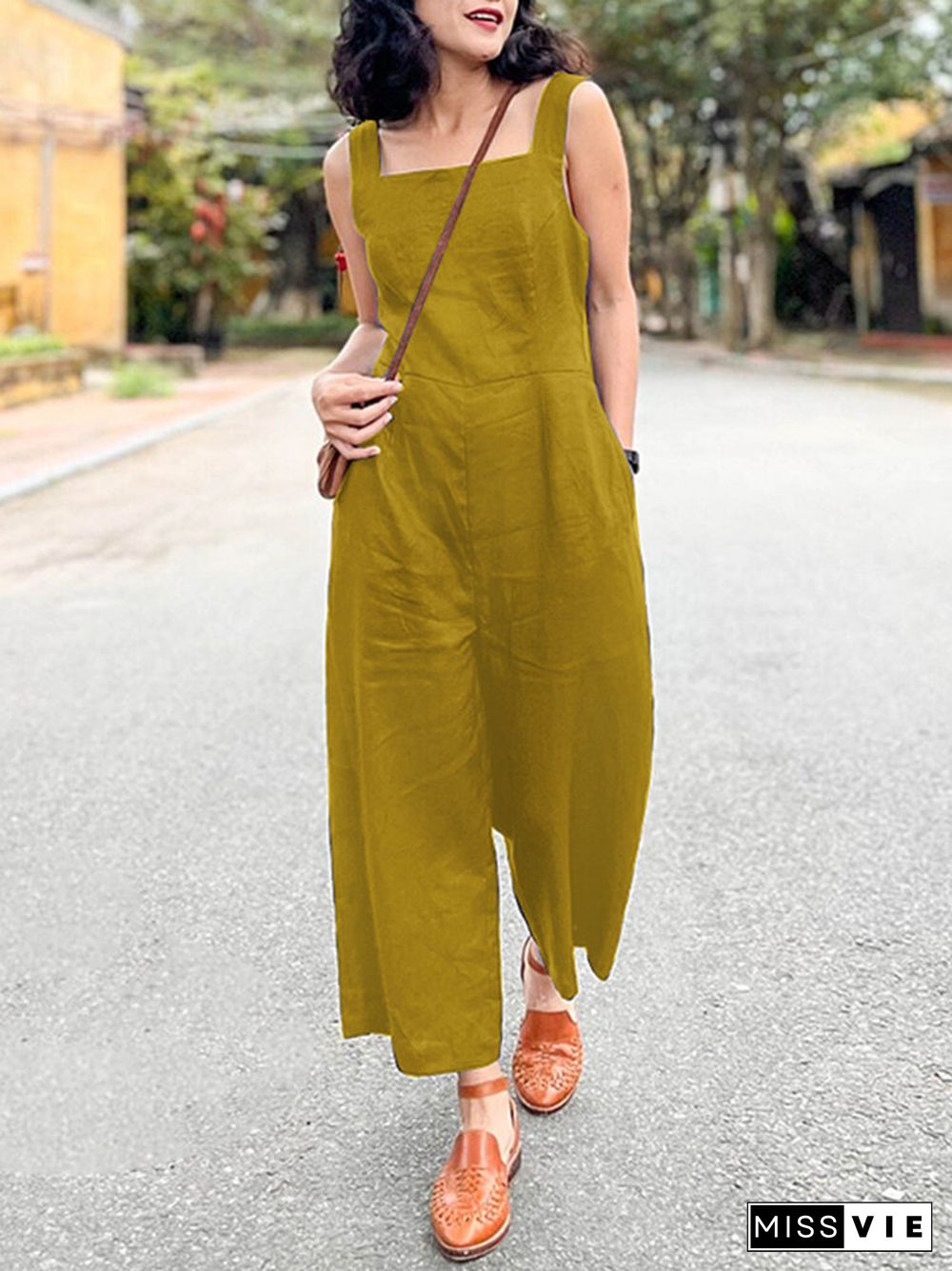 Solid Pocket Square Collar Sleeveless Wide Leg Jumpsuit