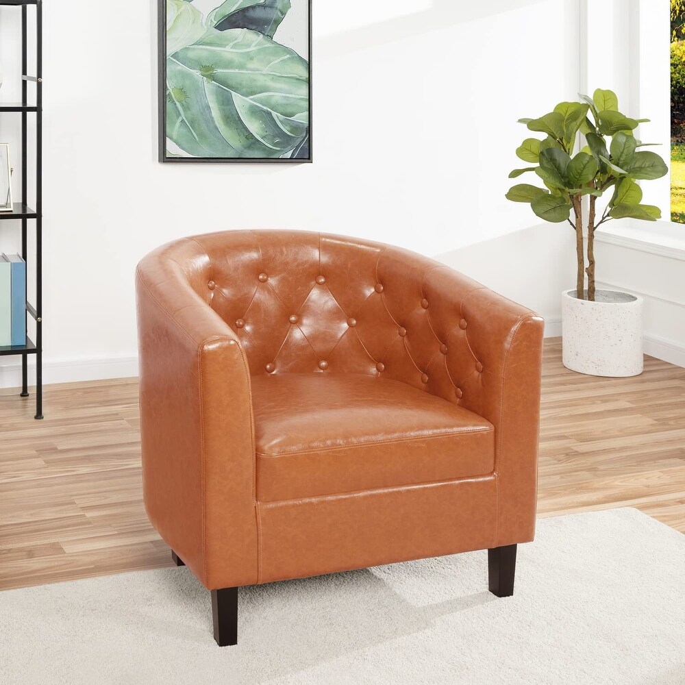 Emma Accent Chair  Button Tufted Faux Leather Barrel Chair  Midcentury Modern Accent Chair  Comfy Armchair  Tub Barrel Chairs