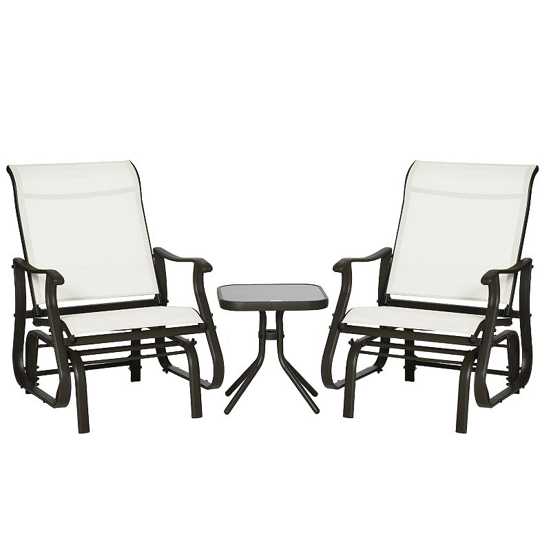 Outsunny 3-Piece Outdoor Gliders Set Bistro Set with Steel Frame， Tempered Glass Top Table for Patio， Garden， Backyard， Lawn， Beige