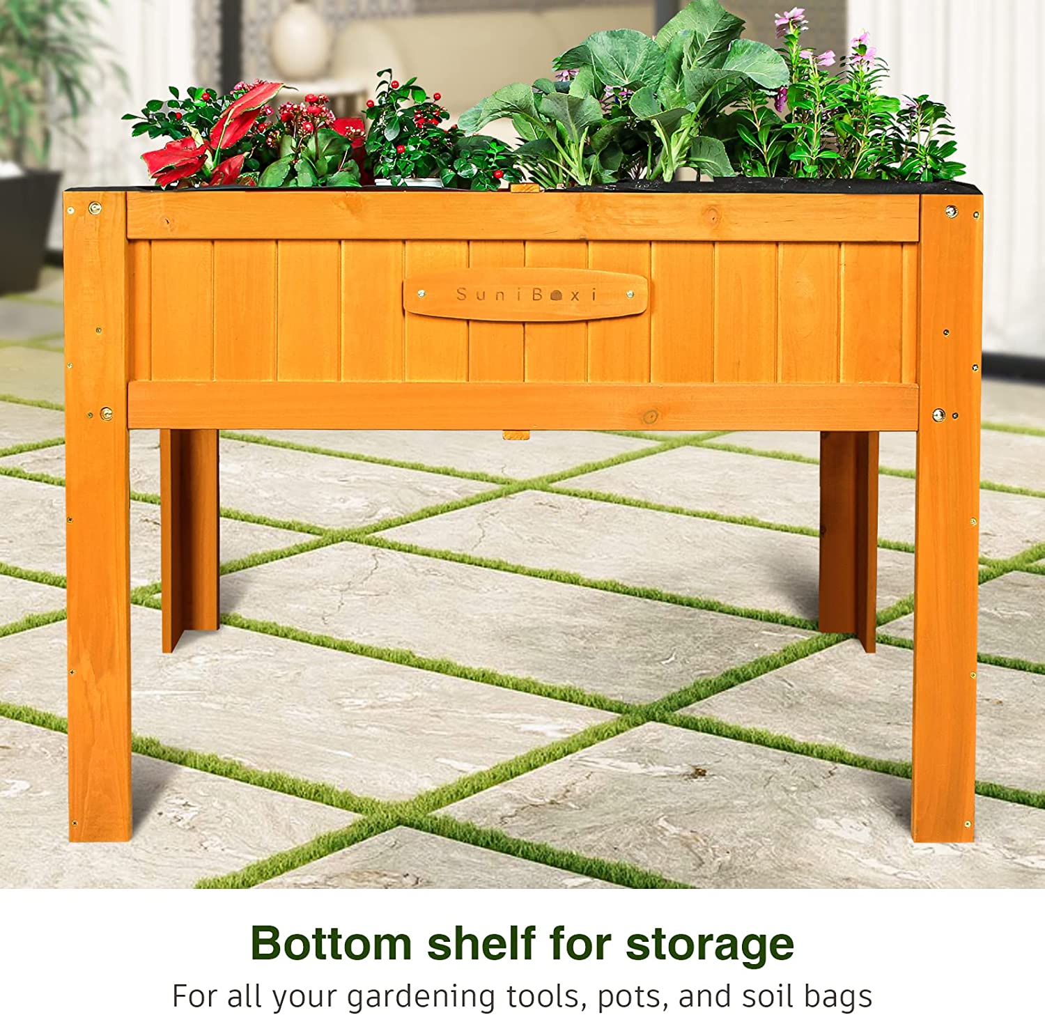 SuniBoxi Raised Garden Bed 46x22x33in – Elevated Wooden Planter Box Outdoor with Legs for Vegetables Flowers Herbs, Outdoor Gardening Backyard Patio