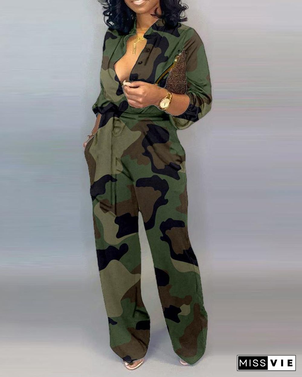 V Neck Camouflage Print Buttoned Jumpsuit