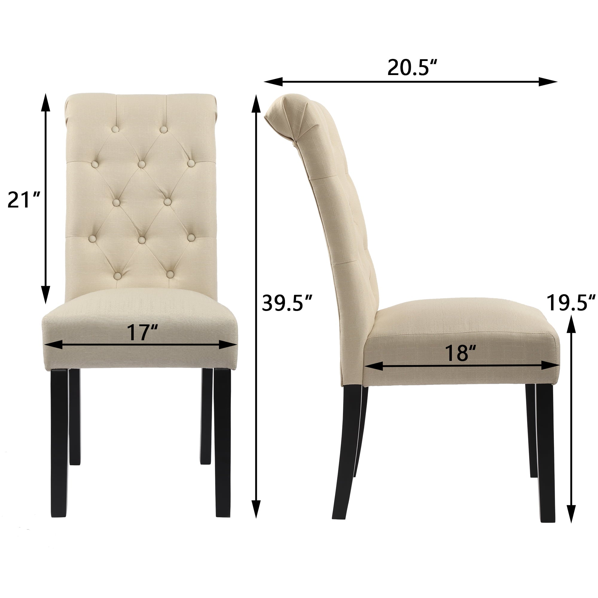 High Back Button Tufting Fabric Upholstered Dining Chairs， Beige， Set of 2