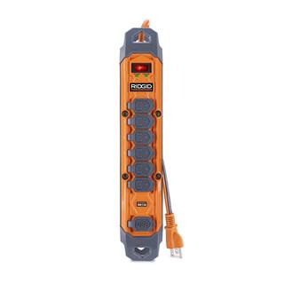 RIDGID 8 ft. Cord 6-Outlet 2.4 Amp USB-A 15-Watt USB-C 2100J Surge Protector RG608UC