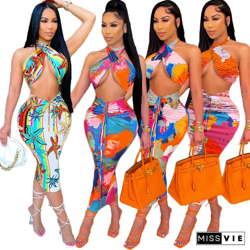 Fashion Abstract Printed Halter Crop Top Midi Skirts Strench Women Clothing Party Elegant 2 Piece Set