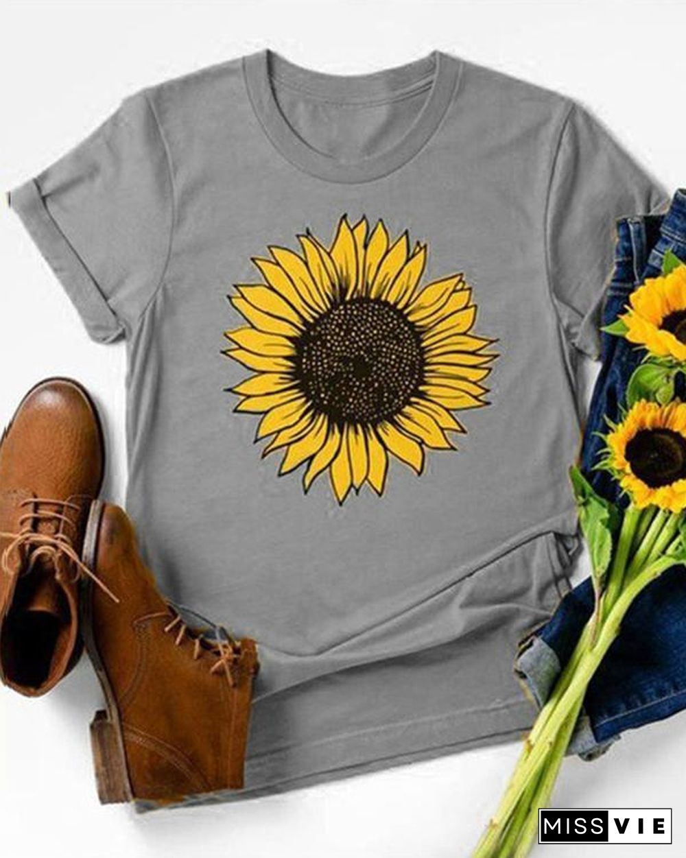 Vintage Short Sleeve Sunflower Printed Plus Size Casual Tops