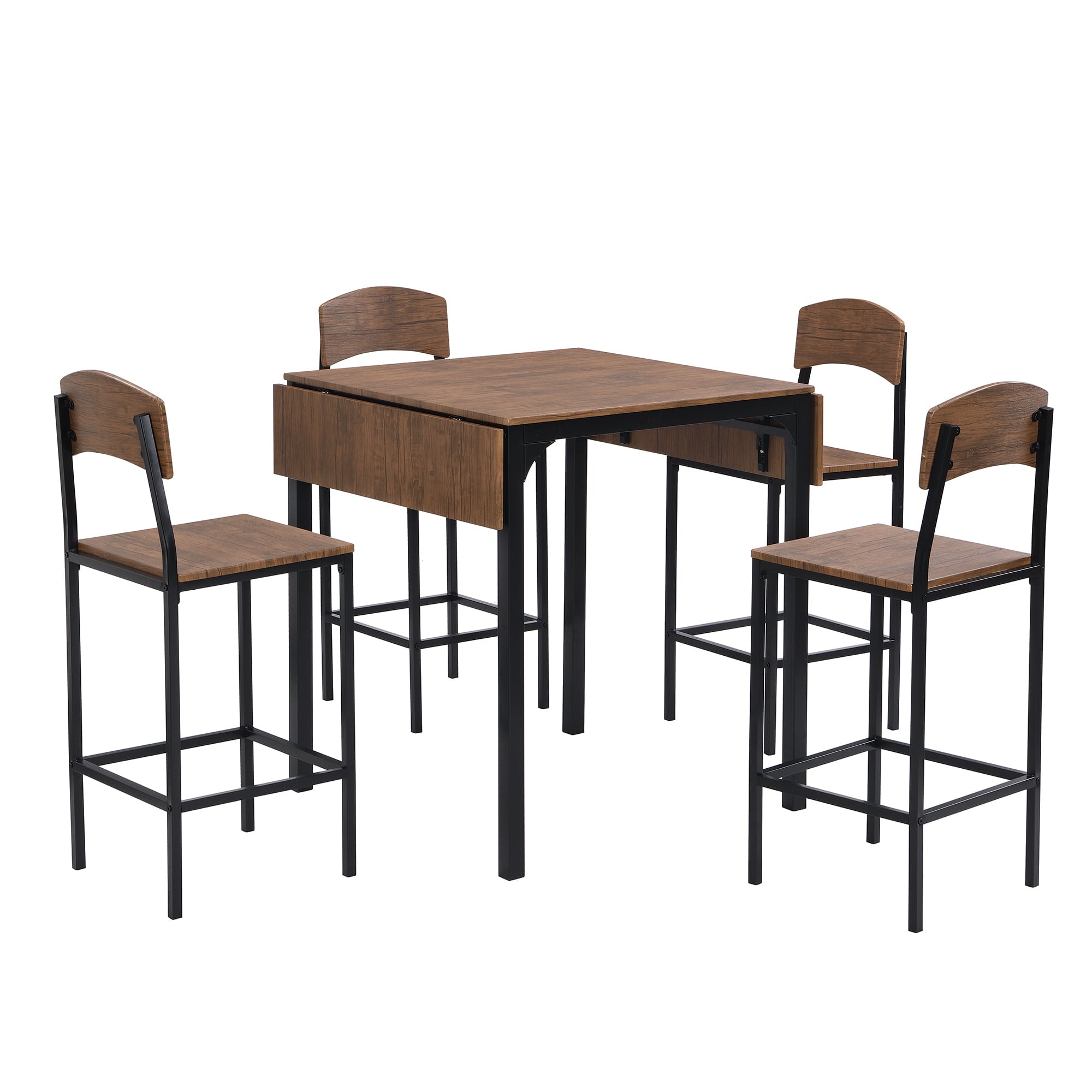 paproos 5-Piece Counter Height Dining Table and Chairs Set, Brown Finish Drop Leaf Dinner Table and 4 Chairs Set for Kitchen Dining Room Breakfast Nook, Farmhouse Dining Table Set with Black Frame