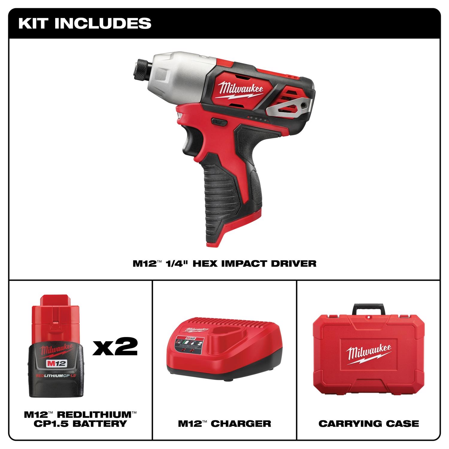 MW M12 12 V 1.5 amps 1/4 in. Cordless Brushed Impact Driver Kit (Battery \u0026 Charger)