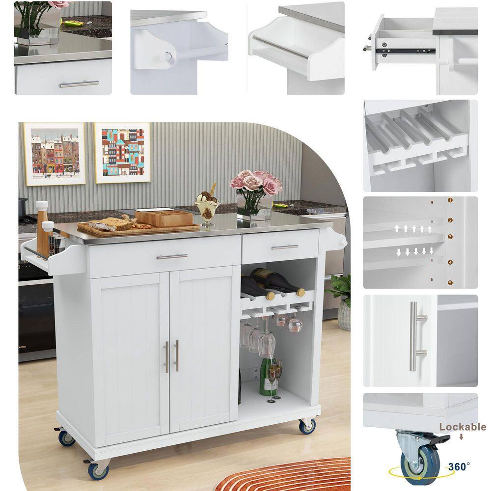 Nestfair 51 in. W White Kitchen Island with Stainless Steel Top and Storage Cabinet CKK5114W