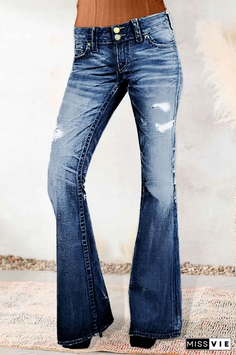 Button Up Ripped Low Waist Flare Jeans