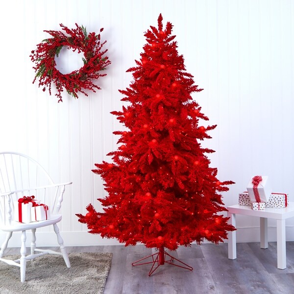 7' Red Flocked Fraser Fir Christmas Tree with 500 Red Lights