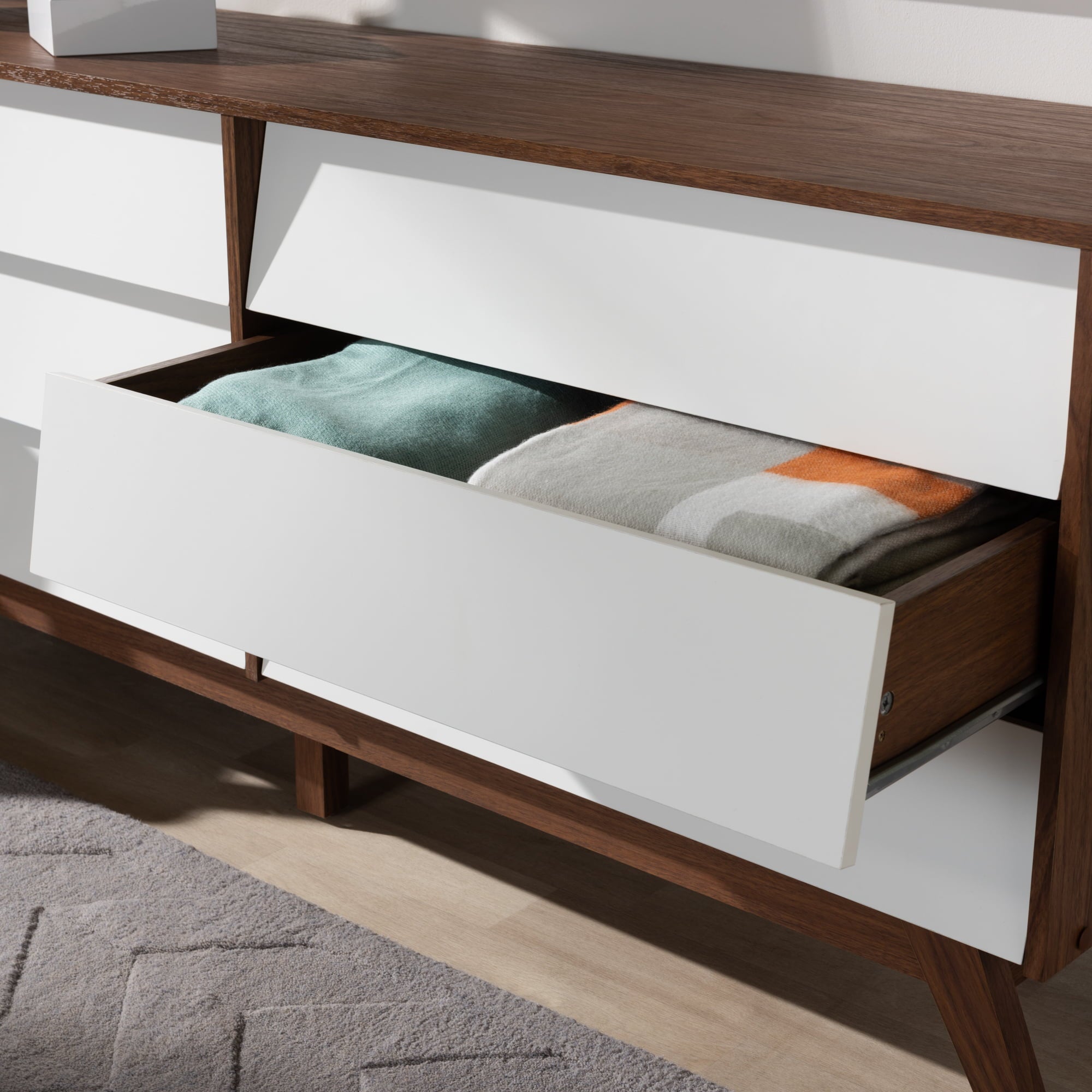 Halfrida Modern White and Walnut Wood 6-Drawer Dresser by Bellamy Studios