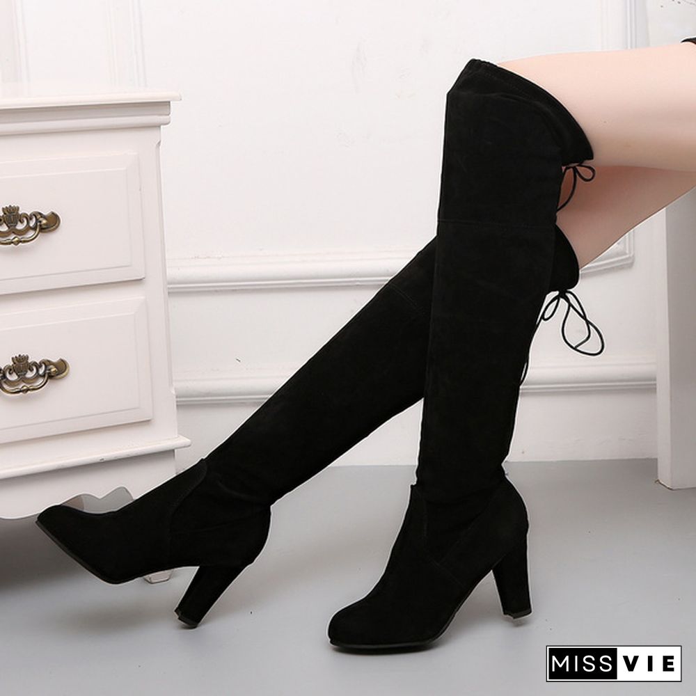 New Women's Fashion Over Knee High Boot Lace Up Sexy Stretch Slim Thigh High Heel Long Thigh Boots Shoes