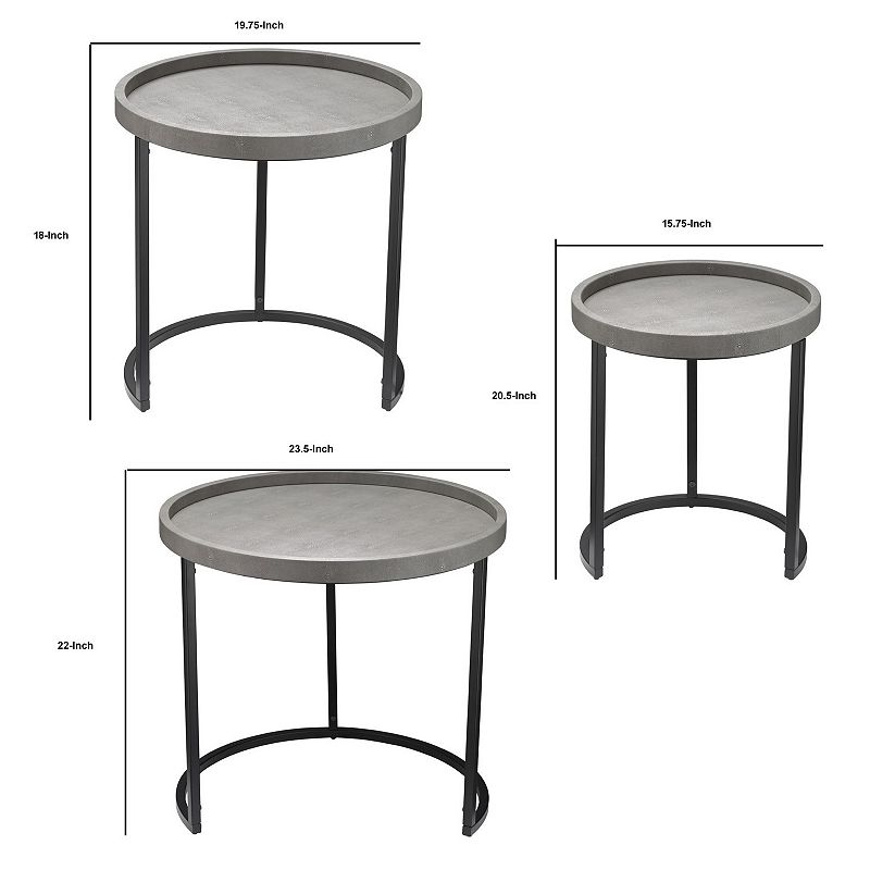 Side Table with Faux Shagreen Accent， Set of 3， Gray