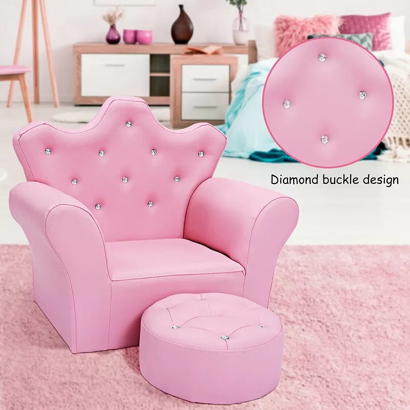 Children Upholstered Princess Sofa with Ottoman and Diamond Decoration for Boys and Girls