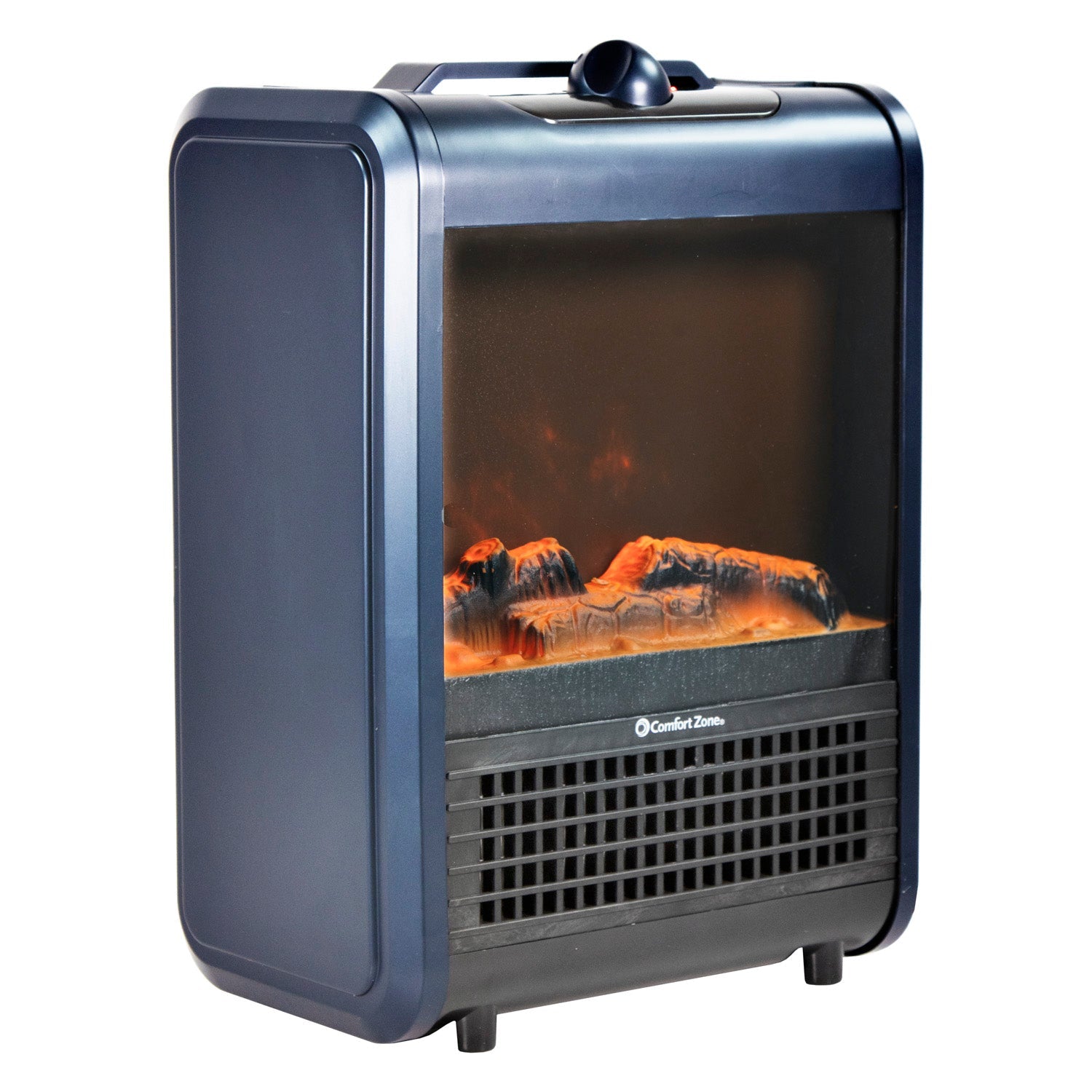 Comfort Zone 1200W Ceramic Portable Electric Table Top Fireplace Heater, Adjustable Thermostat, Simulated Flame, Matte Blue