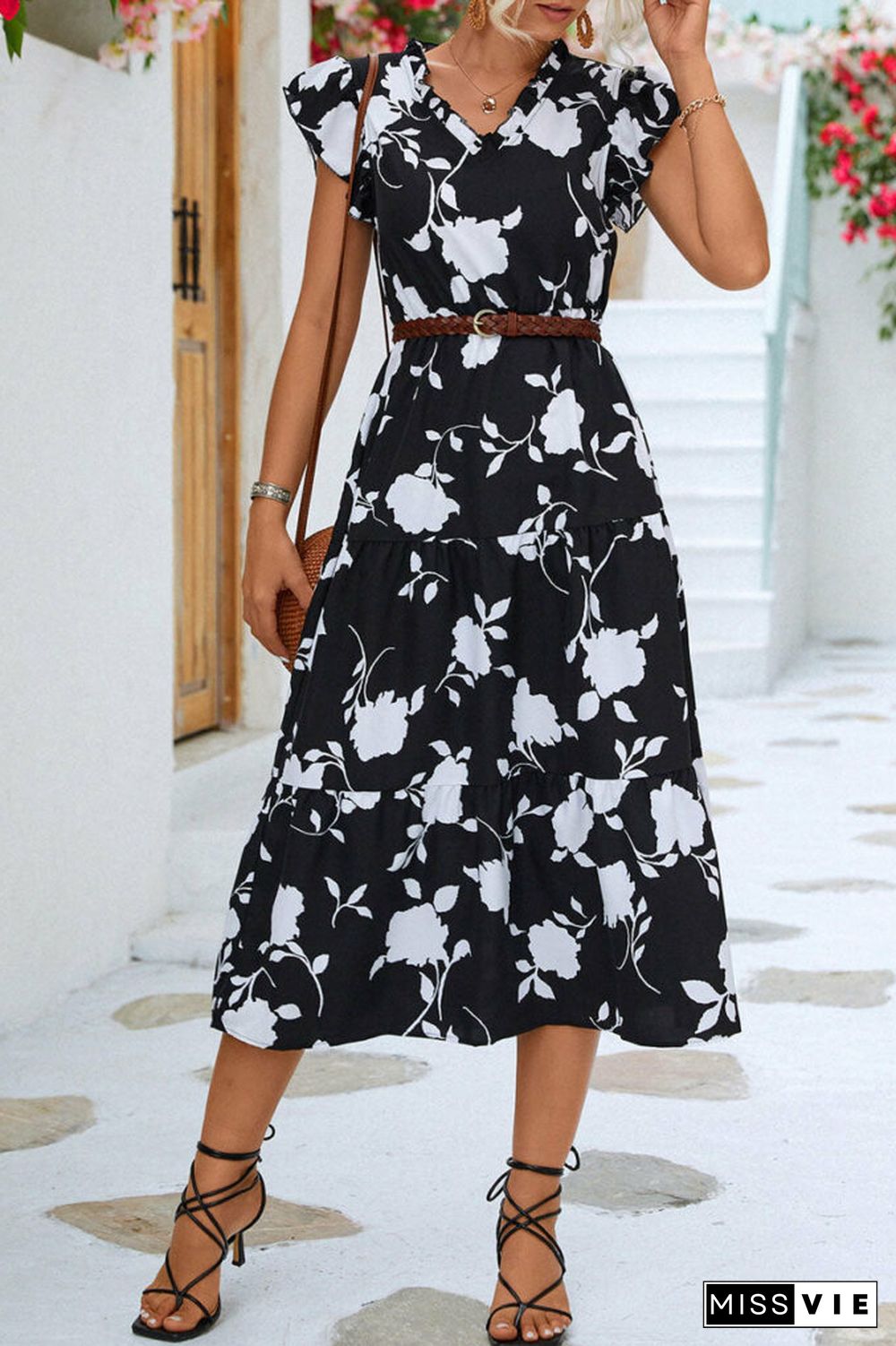 Floral V Neck Beach Ruffle Sleeve Midi Dress