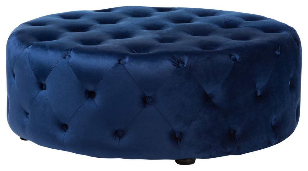 Contemporary Round Ottoman   Over Button Tufted Velvet Upholstery  Royal Blue   Contemporary   Footstools And Ottomans   by Decor Love  Houzz