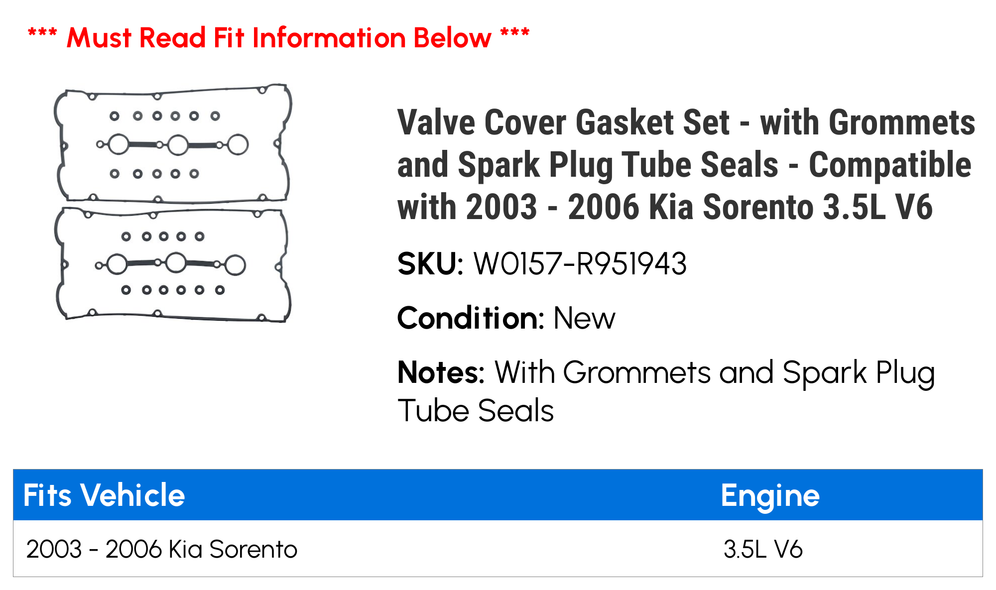 Valve Cover Gasket Set - with Grommets and Spark Plug Tube Seals - Compatible with 2003 - 2006 Kia Sorento 3.5L V6 2004 2005