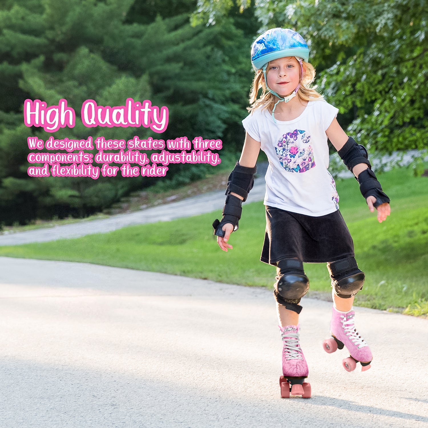 Quad Roller Skates for Girls and Women Size 7 Adult Pink Flower Outdoor Indoor and Rink Skating Classic Hightop Fashionable Design